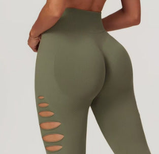 Style High Elastic Side Cut-Out Seamless Knit Butt-Lifting Fitness Pants Women High Waist Slim Yoga Pants Running Sports Long Pants